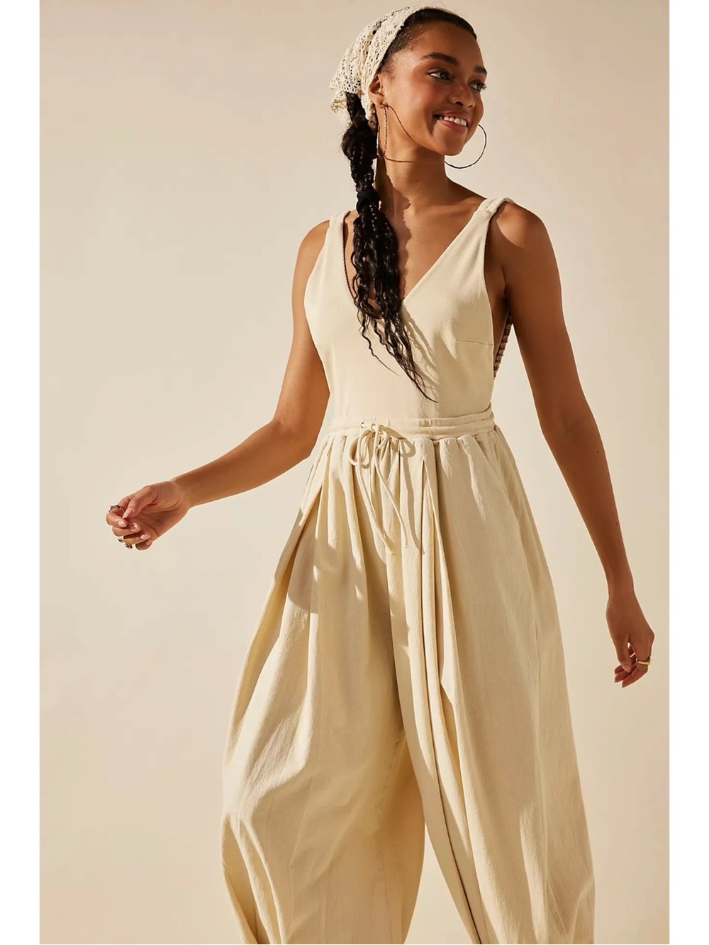 Free People Bohemian Beach Balloon Harem Zon Jumpsuit in Neutral Tan Medium NWT - Picture 5 of 10